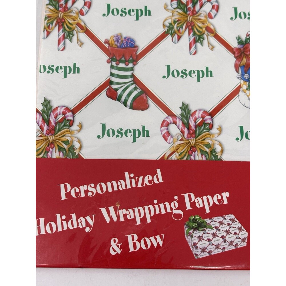 Vintage NOS Christmas Wrapping Paper And Bow Personalized JOSEPH Stockings